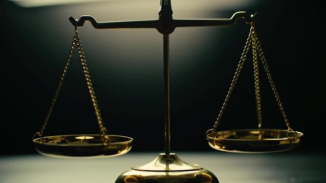 Gold scales are silhouetted against a dark background, representing balance and justice
