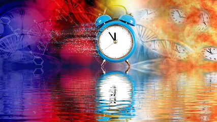Dynamic fusion of time and science with a vivid alarm clock reflecting in a surreal landscape