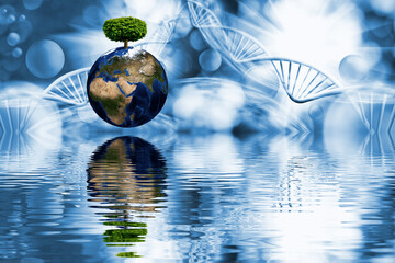 Floating earth with a lush tree signifies hope in a vibrant blue world of water and energy