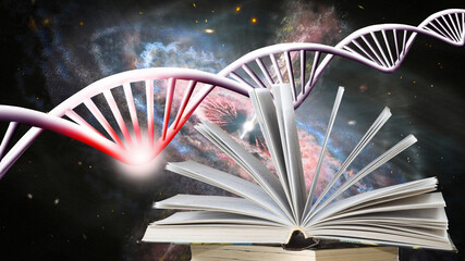 Exploring the fusion of science and knowledge through an open book and dna helix in the cosmos
