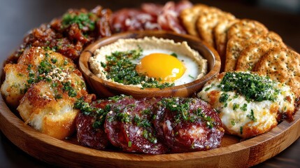 Wooden platter of assorted appetizers