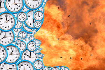Creative explosion of clocks highlighting the passage of time amidst dramatic fiery background