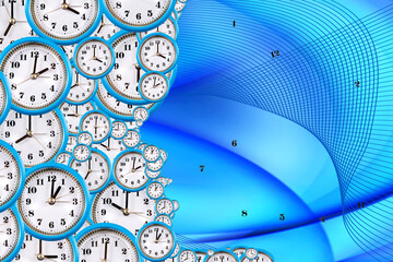 Clusters of clocks in a mesmerizing blue wave of time and movement flowing into the unknown