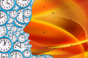 Visions of time swirling through a vibrant sunset landscape filled with connected clocks and abstract patterns expressing fleeting moments