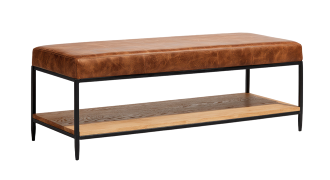 Rustic brown leather bench with a lower shelf