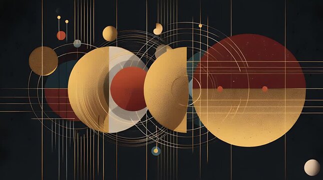 Abstract composition of overlapping circles, ovals, and geometric shapes in warm earth tones and metallic accents on a dark background