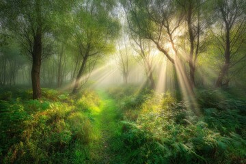 Obraz premium Sunbeams pierce a misty forest path
