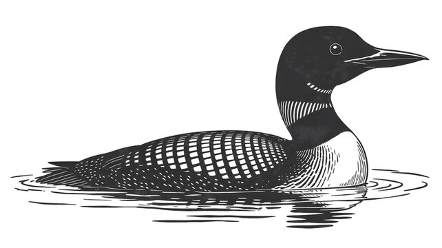 A black and white woodcut illustration of a loon swimming on water.