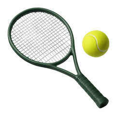 Green tennis racket and bright yellow tennis ball together on transparent background.