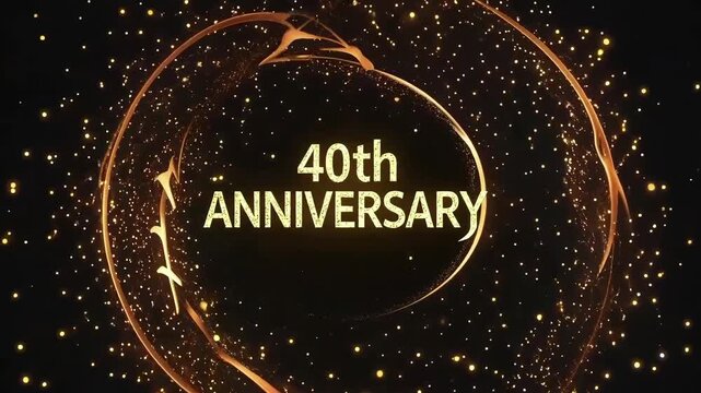 Golden sparkles and circular light pattern surrounding 40th anniversary text on dark background, perfect for milestone visuals
