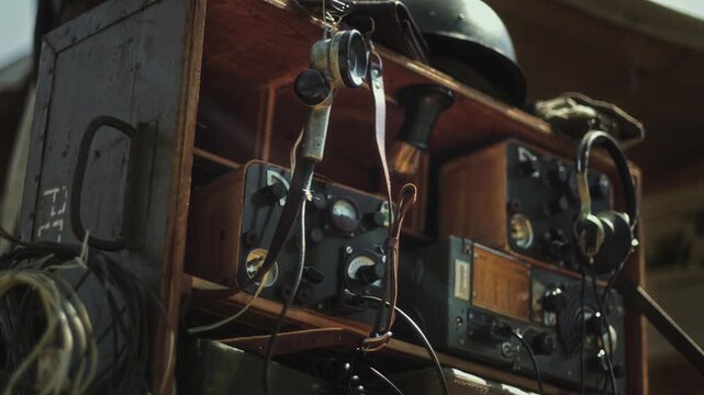 Red Army field radio station, Great Patriotic War. Soviet electronic encryption equipment of signalman with headphones microphone for military tactical communication USSR. Morse code in World War 2