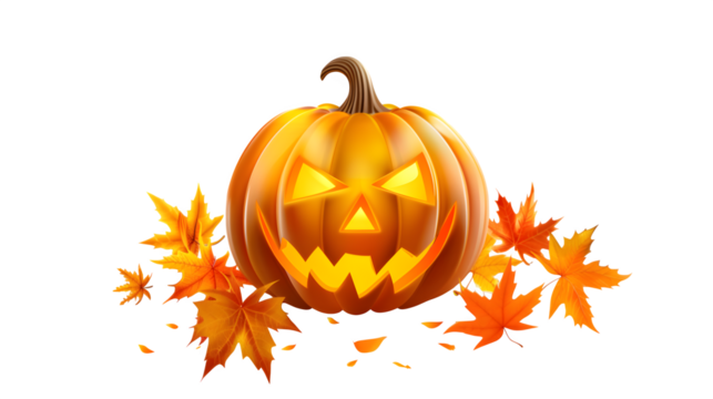 Jack-o'-Lantern with Autumn Leaves, isolated on transparent background