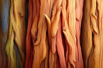 Close-up of stylized tree trunks with vibrant hues