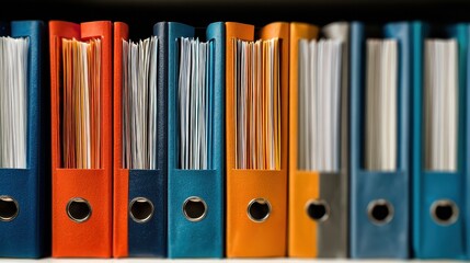 A close up shot of colorful file folders standing in a row on a shelf in an office setting or library
