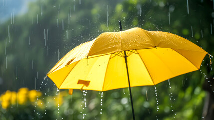 A bright yellow umbrella photographed in the rain against a blurred natural background.