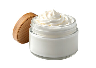 Whipped cream body butter in glass jar with wooden lid isolated on a transparent background image