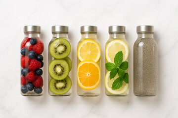 Five glass bottles filled with fruit and water, showcasing healthy beverages.