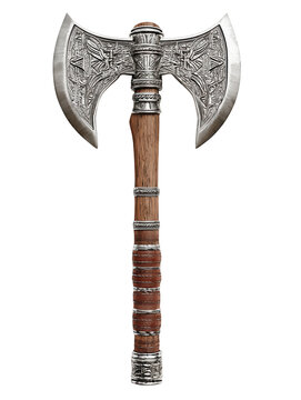 Ornate double headed battle axe with engraved details and wooden handle, isolated on transparent background