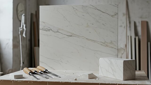 Marble sculpting tools and blocks staged on wooden workbench, neutral colors