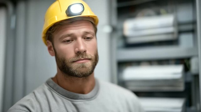 Electrician Inspecting Fuse Box with Headlamp in Utility Room