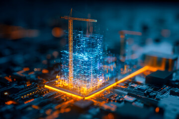 Digital construction site with holographic building blueprint and crane on futuristic technology interface