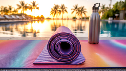 A close-up photograph of a rolled purple and pink yoga mat on a gradient rainbow-colored exercise mat.