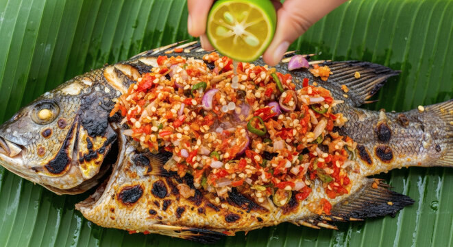 Authentic Indonesian Cuisine: Hand Squeezing Calamansi over Grilled Rabbitfish (Ikan Baronang Bakar) with Traditional Raw Sambal from Manokwari. Editorial, Cultural Food Photography