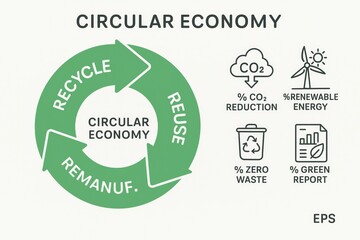 Circular economy concept with green recycle arrows, clean line icons, on white background. Promotes sustainability, waste reduction, eco goals