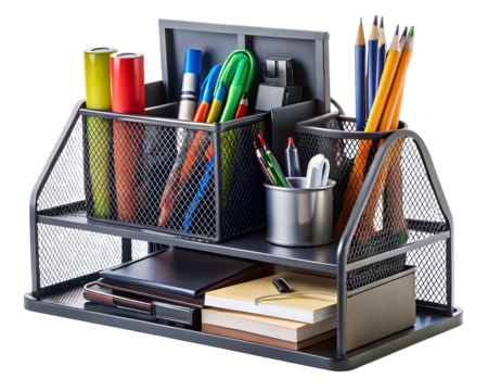 Desk organizer with various stationery supplies isolated on transparent background