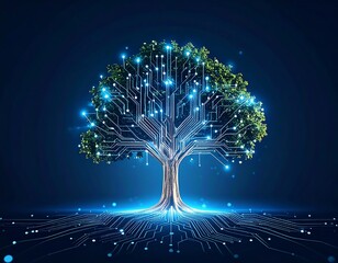 Glowing tree formed from circuit board, digital roots