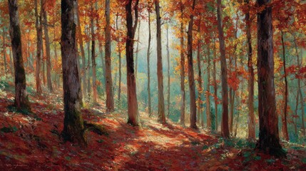 Sunlight filters through a vibrant autumn forest with colorful leaves carpeting the ground