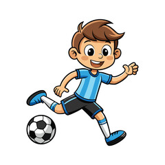 Obraz premium Cartoon boy playing soccer kicking a ball isolated on white background