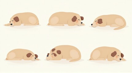 Cute Brown and White Puppy Sleeping Set of Six in Various Positions on Light Background