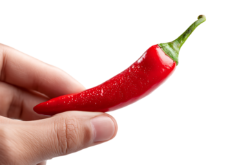 Hand holding a single red chili pepper.