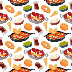 Seamless pattern with traditional Turkish breakfast, tea, eggs, sausage, bread, olives, cheese and pastry. Perfect for food packaging, menu design and culinary project.