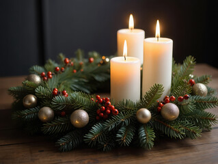 A festive christmas wreath adorned with glowing candles, red berries, and golden ornaments, set against a dark, moody background
