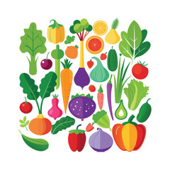 Assortment of fresh vegetables and fruits isolated on white background