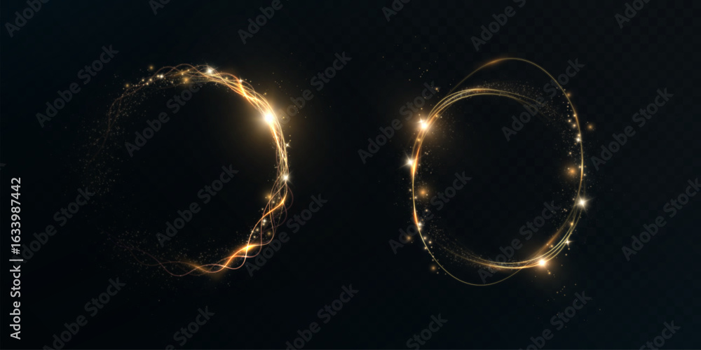 Poster glowing round elements with glossy highlights and transparent golden glow on a dark background. abst