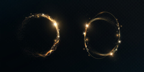 Glowing round elements with glossy highlights and transparent golden glow on a dark background. Abstract circular light effect suitable for interfaces, portals, energy and digital themes.