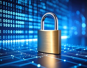 Gold padlock on a circuit board against a binary code backdrop