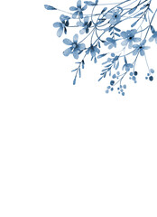 Floral background with blue flowers for greeting card, invitation and other printing design. Isolated on white. Hand drawing.	