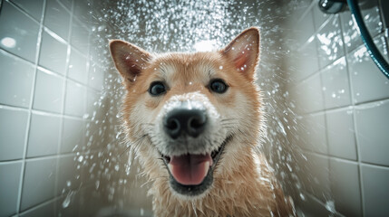 Shiba inu dog smiling while getting showered, surrounded by water droplets