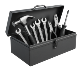 Metal toolbox containing a hammer, wrenches, pliers, and a screwdriver, showcasing essential hand tools on transparent background.