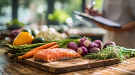 A person with a clipboard preparing salmon with vegetables on a wooden cutting board in a kitchen area