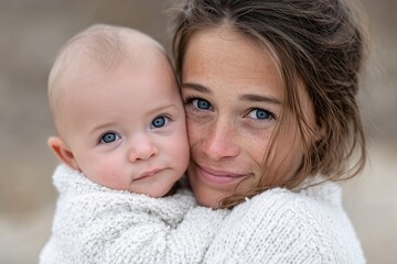 Close portrait of mother and baby wrapped in cozy white knitwear outdoors showing warmth love and strong emotional connection in natural light setting