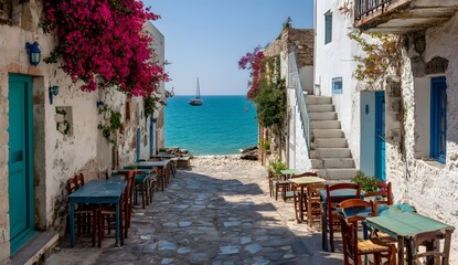Picturesque Mediterranean Village View with Vibrant Bougainvillea