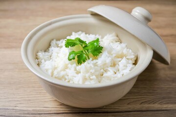 Cooked white rice or steamed rice in a white plate, thai jasmine rice, thai fragrant rice