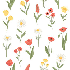 Colorful floral pattern featuring various spring flowers on a white background.