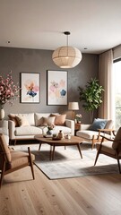 Fototapeta premium Modern living room with neutral tones and minimalist art