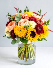 Naklejka premium Vibrant fall bouquet in clear vase (1)